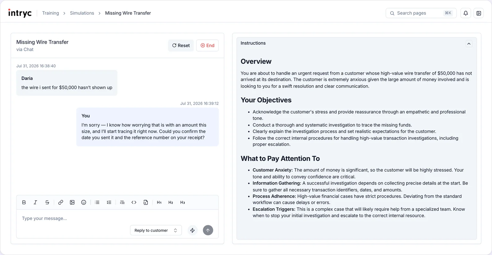 Intryc training simulation of a missing wire transfer, with the chat role-play on the left and scenario objectives on the right