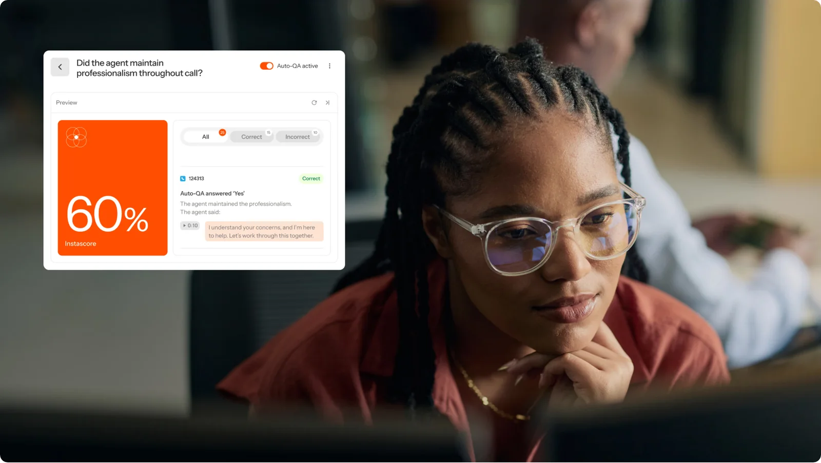Level AI auto-QA panel answering whether the agent maintained professionalism throughout a call, with the transcript line that supports the answer