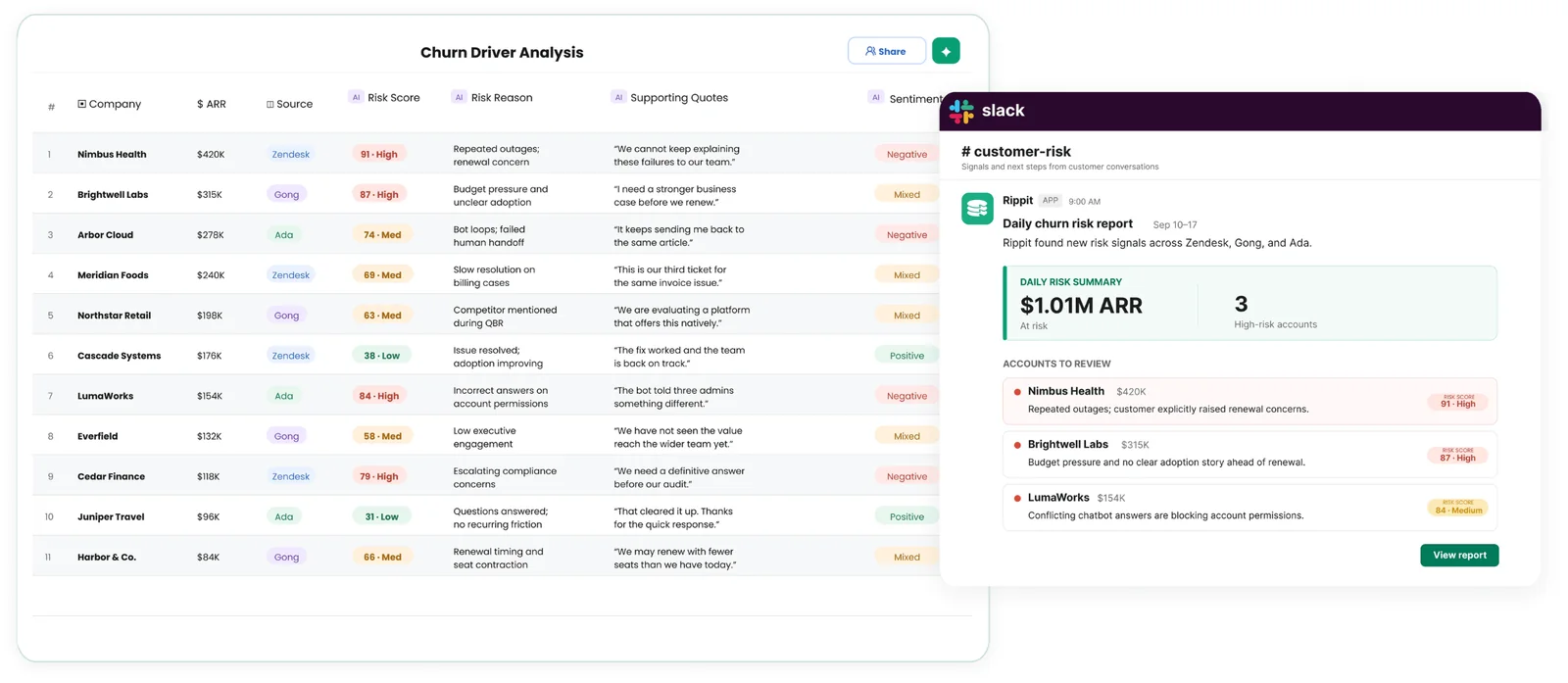 Rippit, formerly MaestroQA, showing a churn driver analysis table with AI risk scores and supporting customer quotes, next to a daily churn risk report posted in Slack