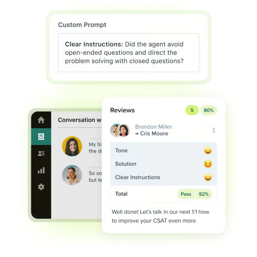 Zendesk QA AutoQA graphic showing a custom prompt-based category and a review scored by category