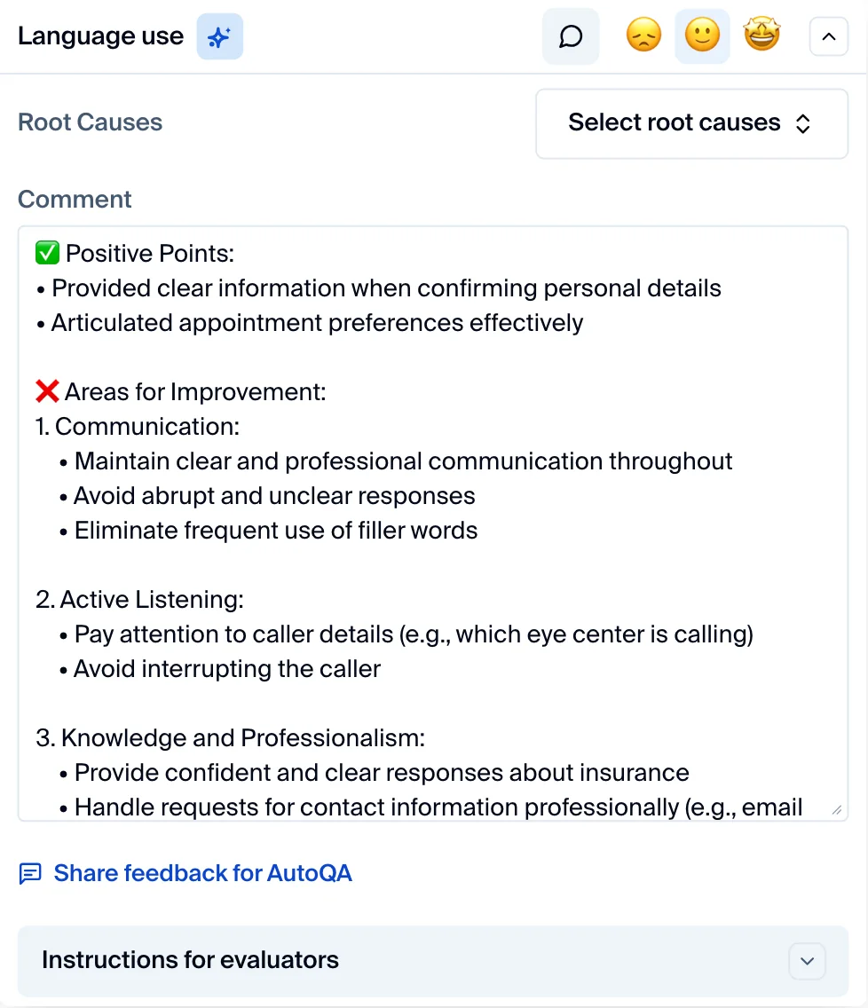 Intryc evaluation panel for a language-use criterion showing the AI's written positive points and areas for improvement, root cause selection and evaluator instructions