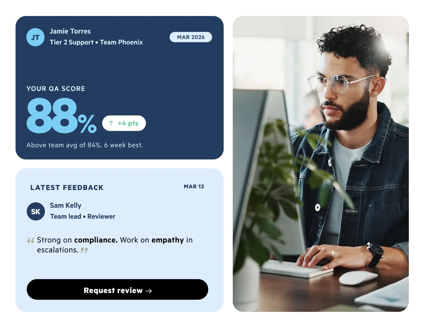 ScorebuddyCX agent dashboard showing an agent's QA score against the team average, latest feedback from a team lead and a request review button