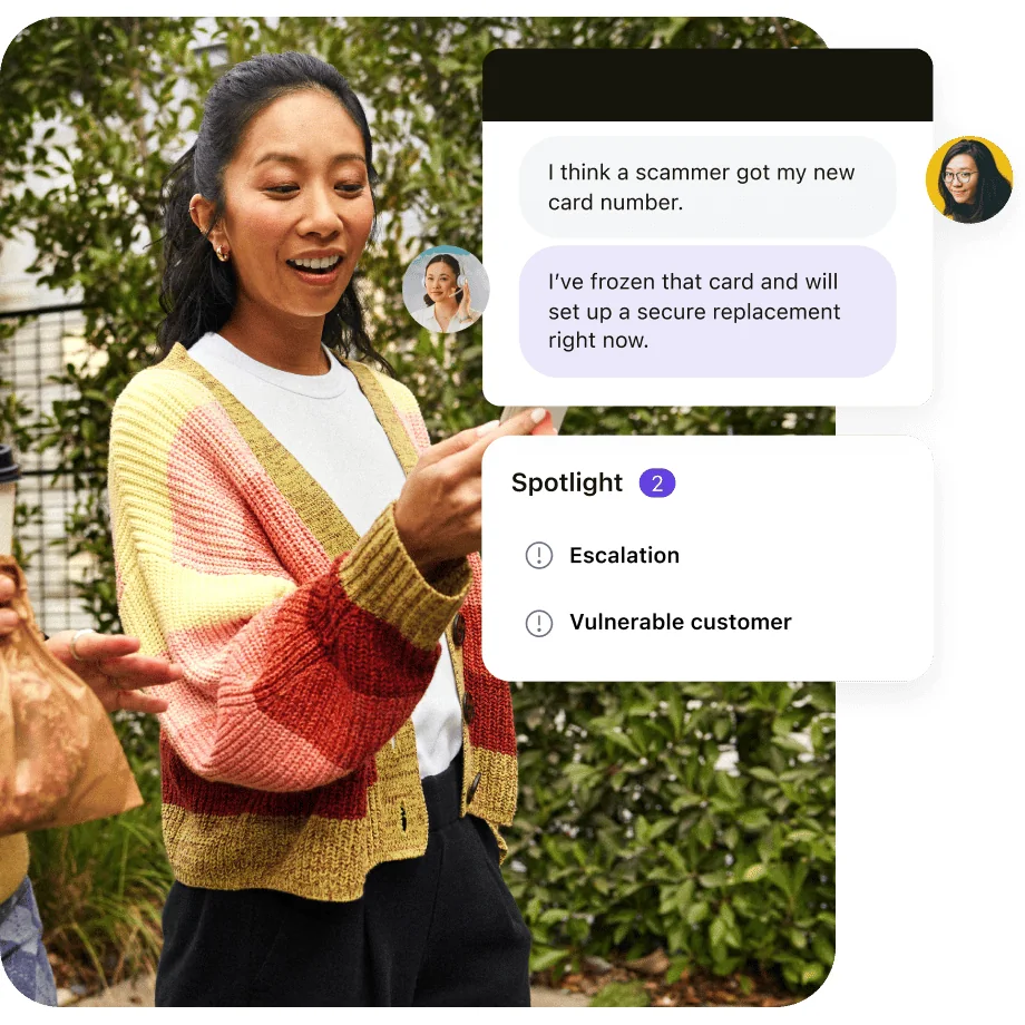 Zendesk QA Spotlight flagging a conversation for escalation and a vulnerable customer